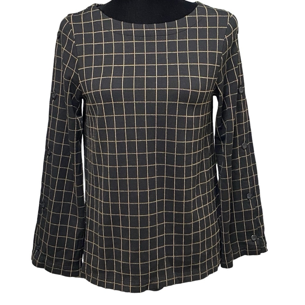 J Jill Black Brown Windowpane Ponte Knit Button Sleeve Blouse Top Small